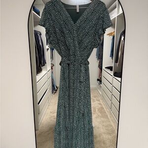 Green Printed V-Neck Midi Dress with Waist Tie